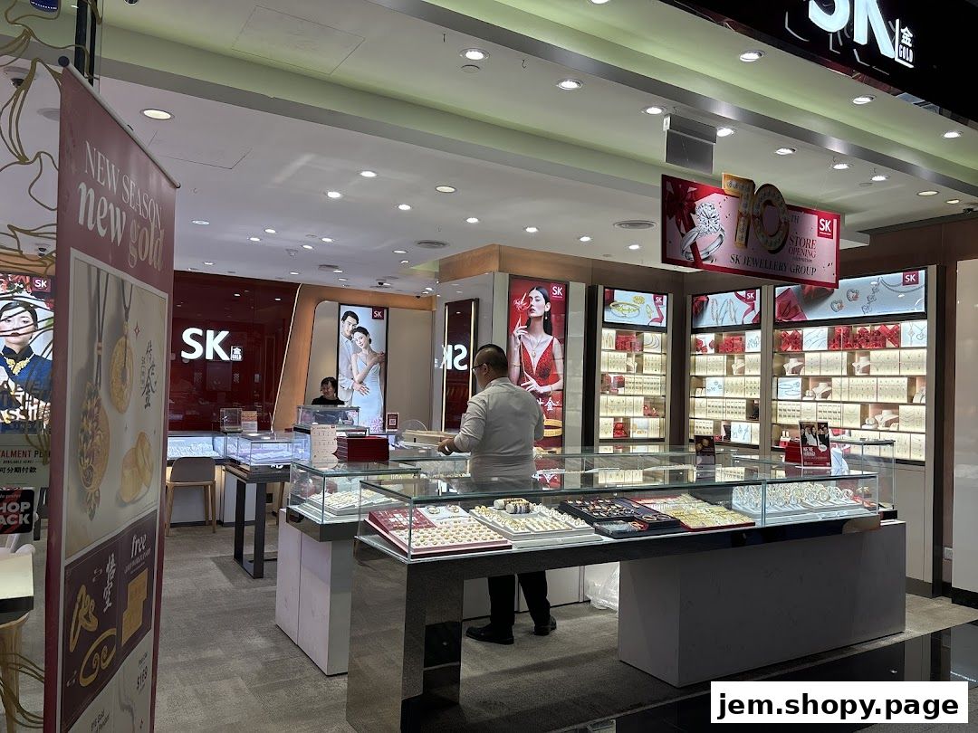 Interior view of a SK Gold JEM jewelry store showcasing displays of gold and diamond jewelry.