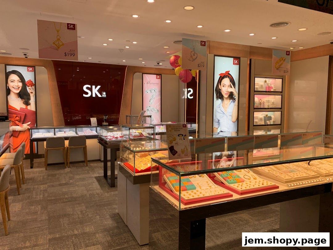 Interior view of a SK Jewellery store showcasing display cases filled with jewelry.
