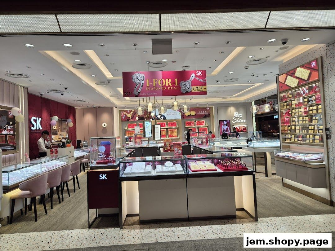 Interior view of SK Jewellery Jem showcasing display cases filled with jewelry and a promotional banner.