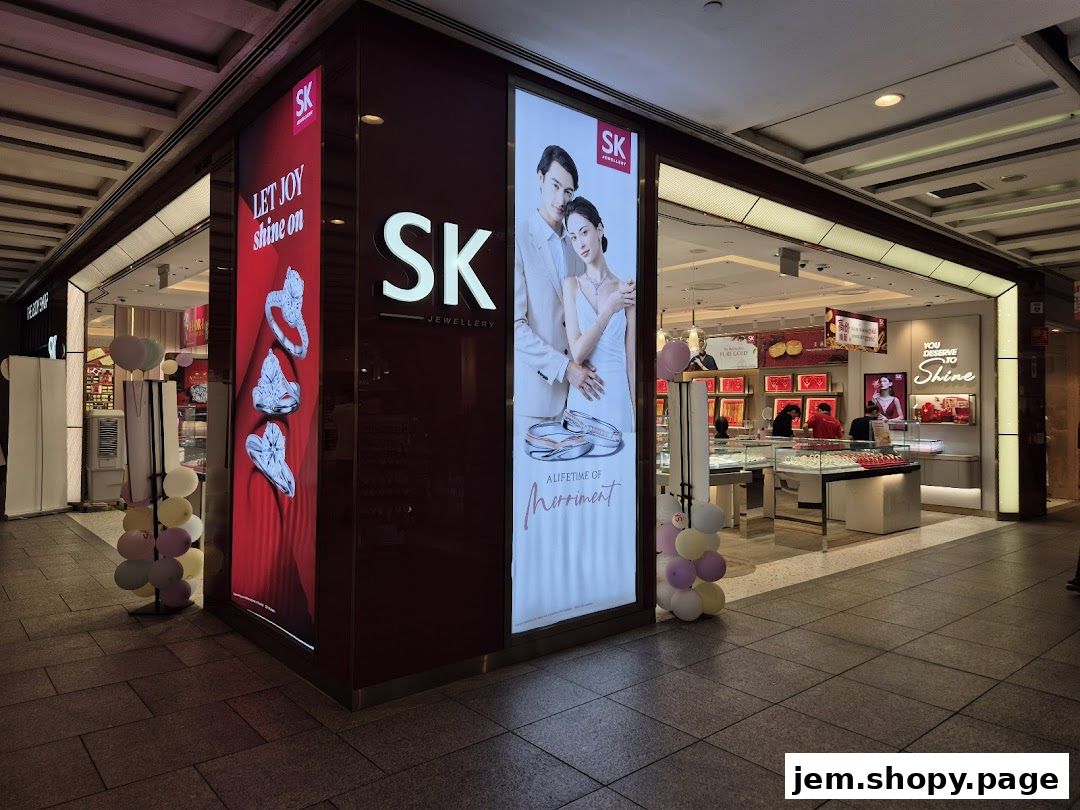 The exterior of SK Jewellery Jem, showcasing elegant displays and a couple in advertising.