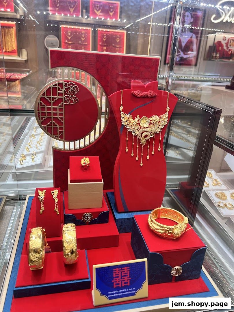 A display of ornate gold jewelry, including necklaces, bracelets, earrings, and rings, in a shop window.