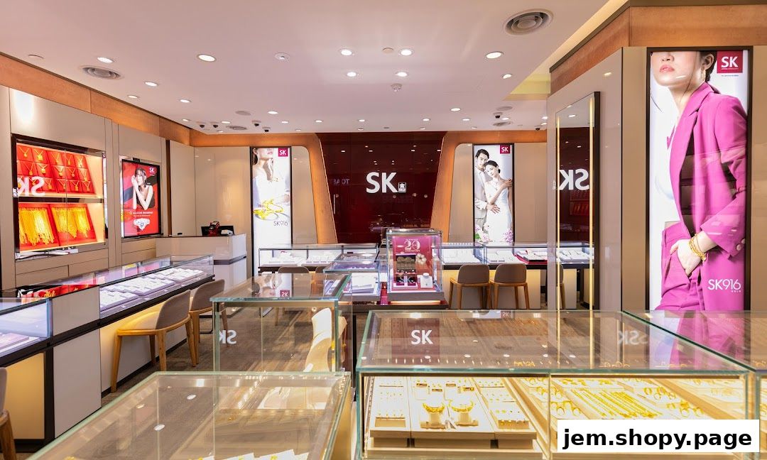 Interior view of a SK Jewellery store showcasing gold necklaces and displays.