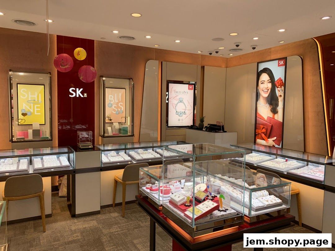Interior of a jewelry store with display cases filled with jewelry and promotional posters.