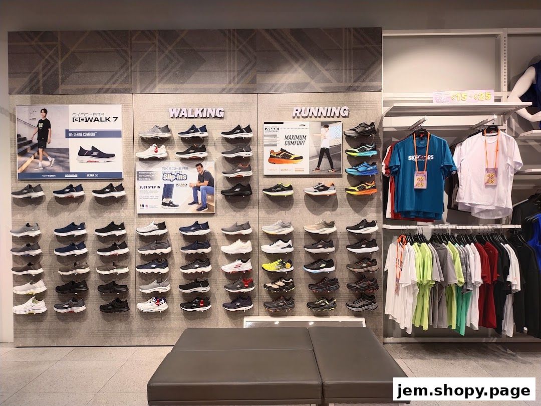 Skechers store interior showcasing walking and running shoes, apparel, and accessories.