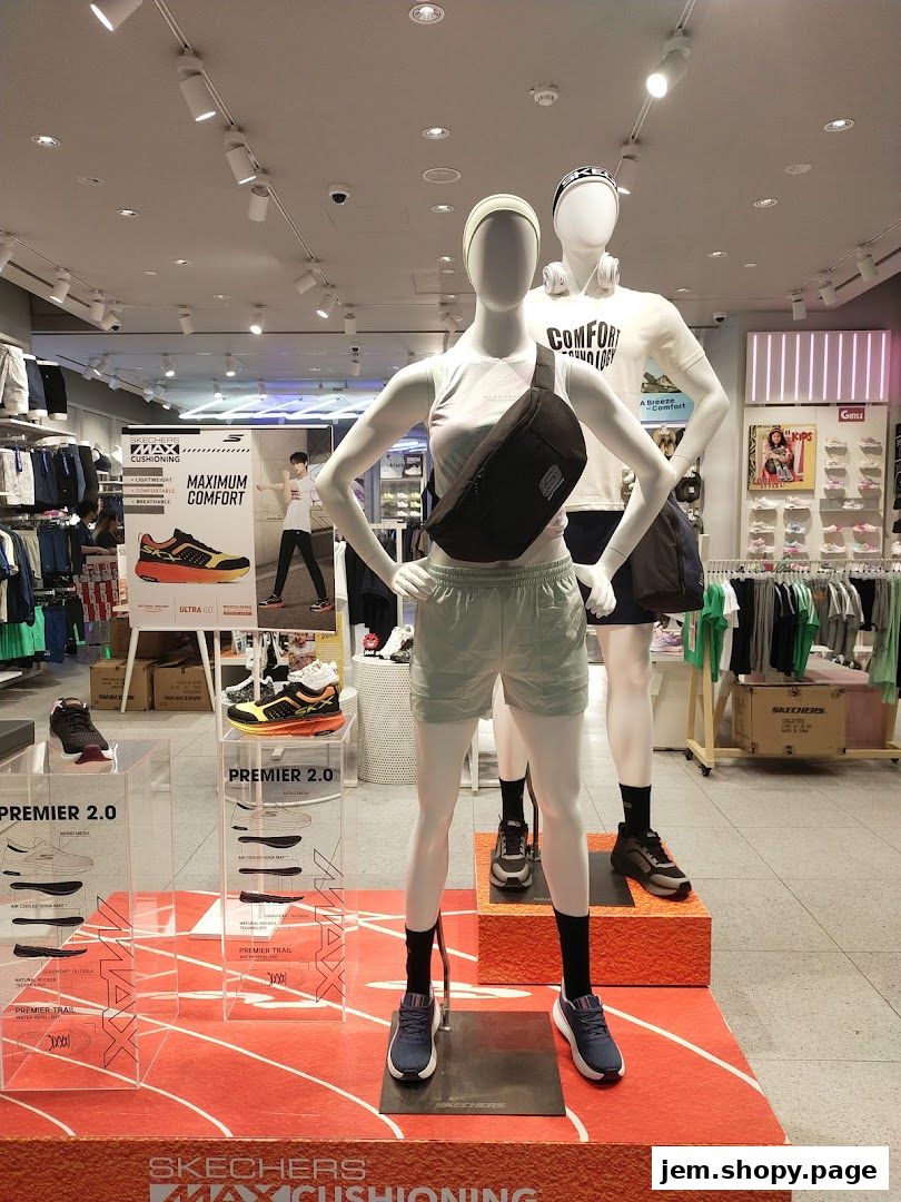 Skechers store display featuring mannequins wearing athletic wear and showcasing shoes.