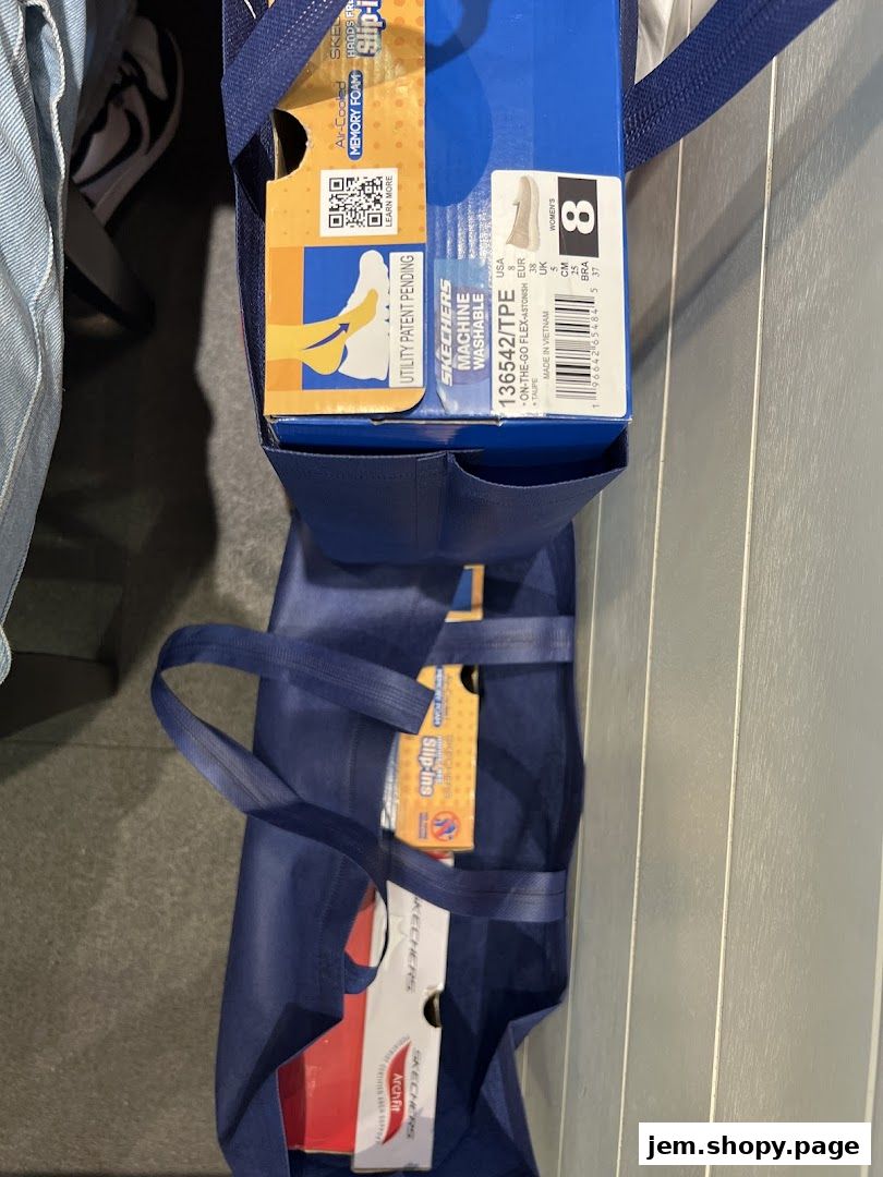 Skechers shoe boxes and bags, showcasing comfortable and washable footwear.