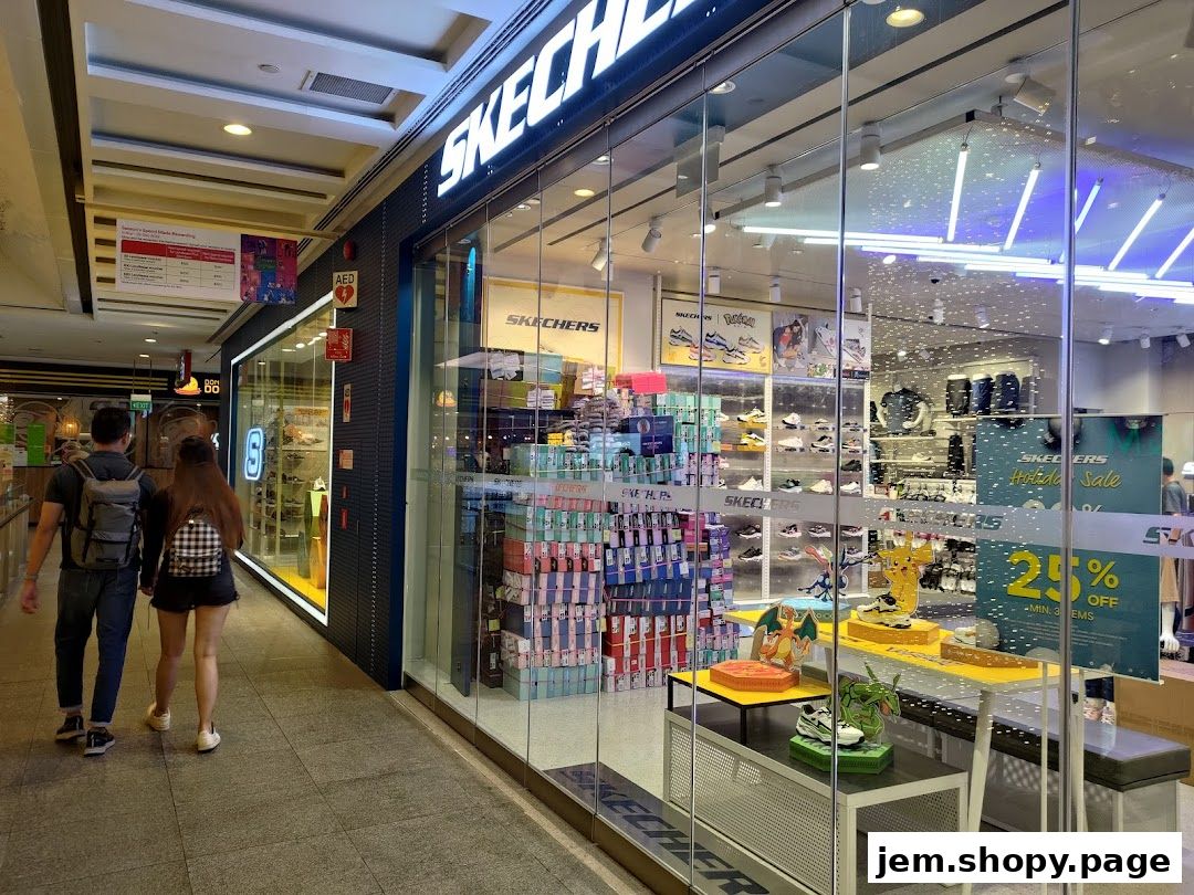 The Skechers store front displays shoes and a '25% OFF' sale sign.