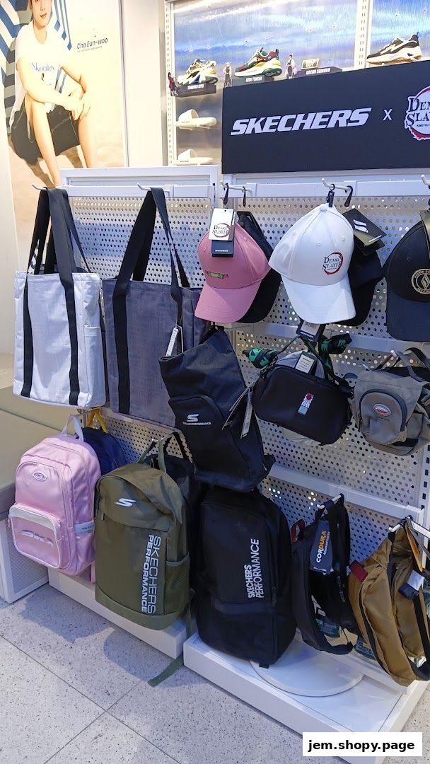 Skechers store display featuring bags, hats, and shoes with a Demon Slayer collaboration.