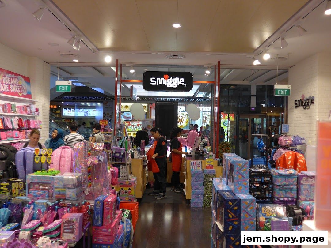 Interior view of a brightly lit Smiggle store filled with colorful stationery and bags.