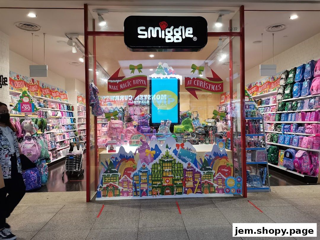 The colorful entrance of a Smiggle store, showcasing backpacks and stationery with festive decorations.
