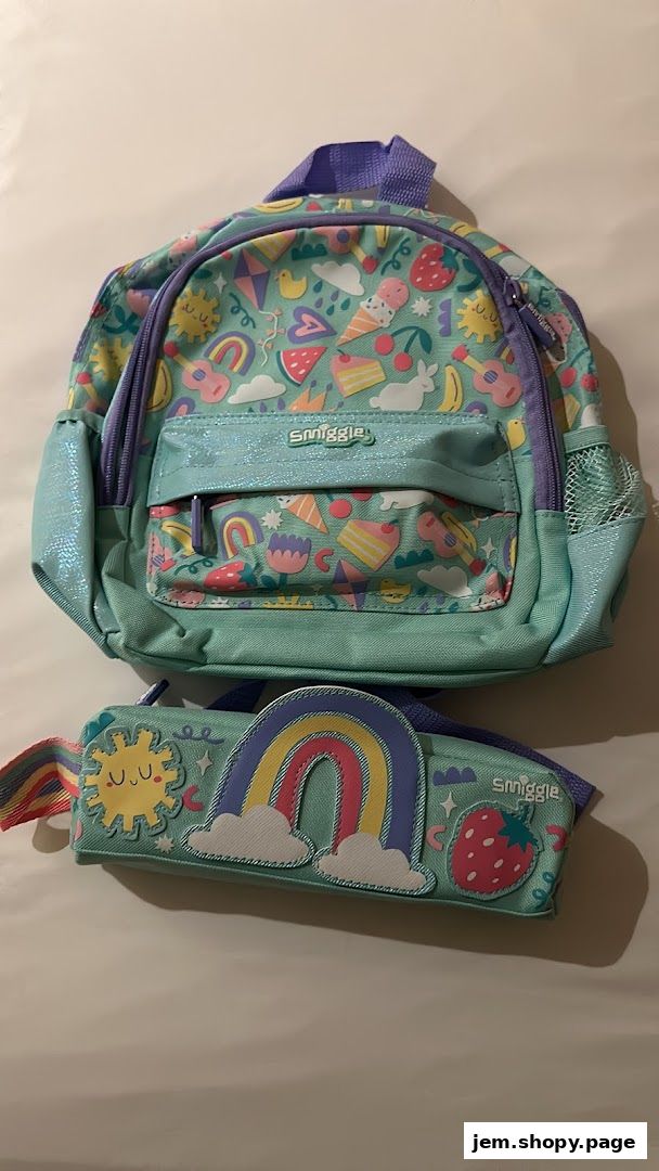 A Smiggle backpack and pencil case with colorful, playful designs.