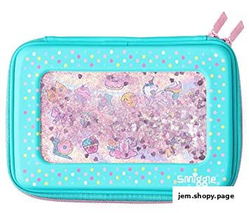 A turquoise Smiggle pencil case with glitter and unicorn, donut, and snail charms inside a clear window.