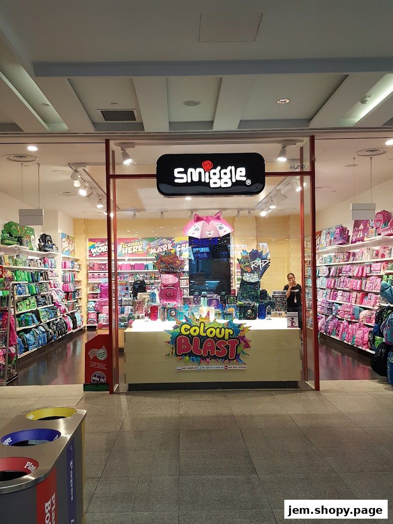 The colorful Smiggle store entrance, filled with backpacks, stationery, and accessories.