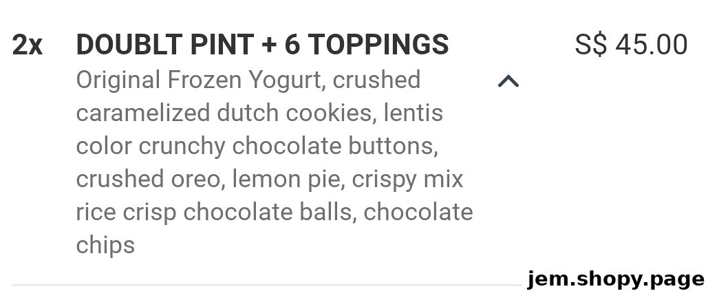 A menu item for 'smöoy' featuring double pint frozen yogurt with six toppings.