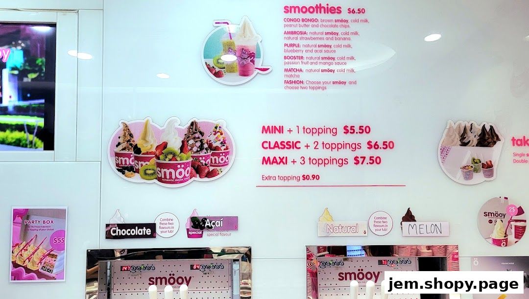 A menu board for smöoy frozen yogurt and smoothies with prices and descriptions.