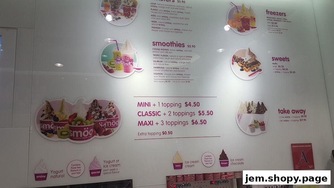 A menu board displaying various frozen yogurt flavors, smoothies, and toppings with prices.