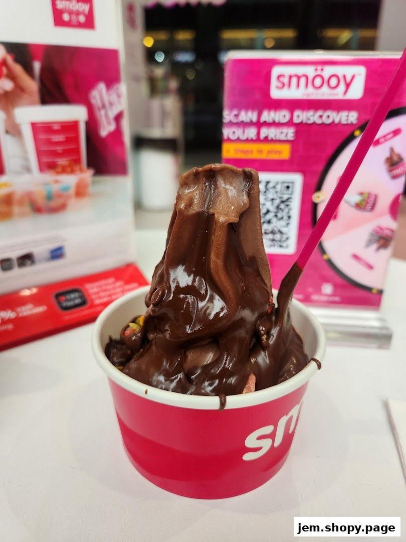 A delicious chocolate soft-serve ice cream topped with chocolate sauce in a red cup.