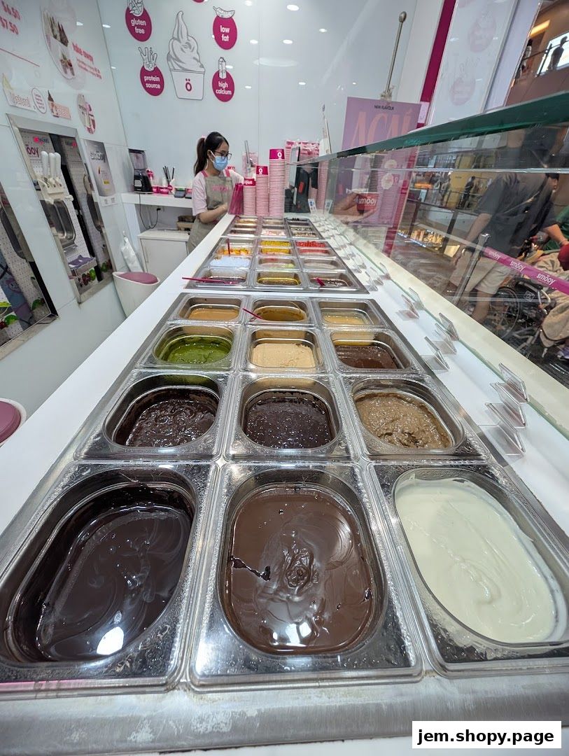 A wide selection of frozen yogurt flavors displayed in metal tubs at a smöoy shop.