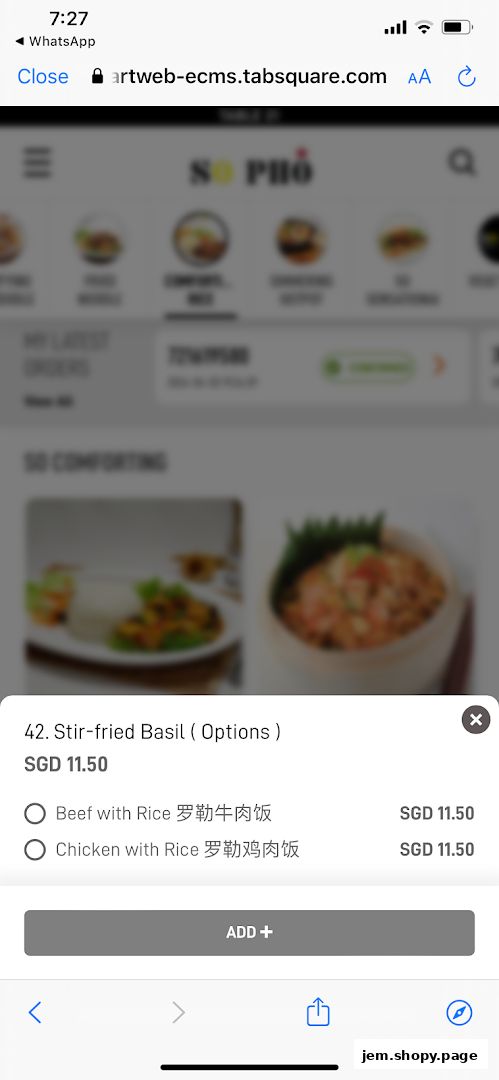 A mobile screen displaying menu options for Stir-fried Basil with rice choices.