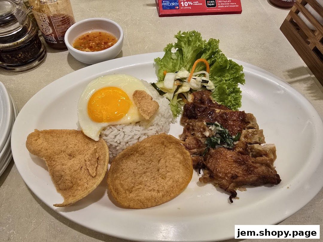 A plate of Vietnamese broken rice with fried egg, crispy crackers, and grilled meat.