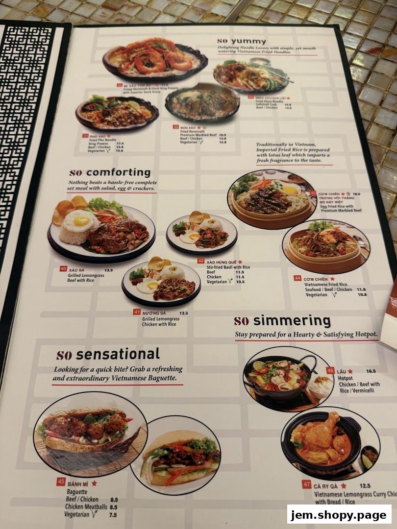 A menu from So Pho JEM featuring Vietnamese dishes like noodles, rice, baguettes, and hotpots.