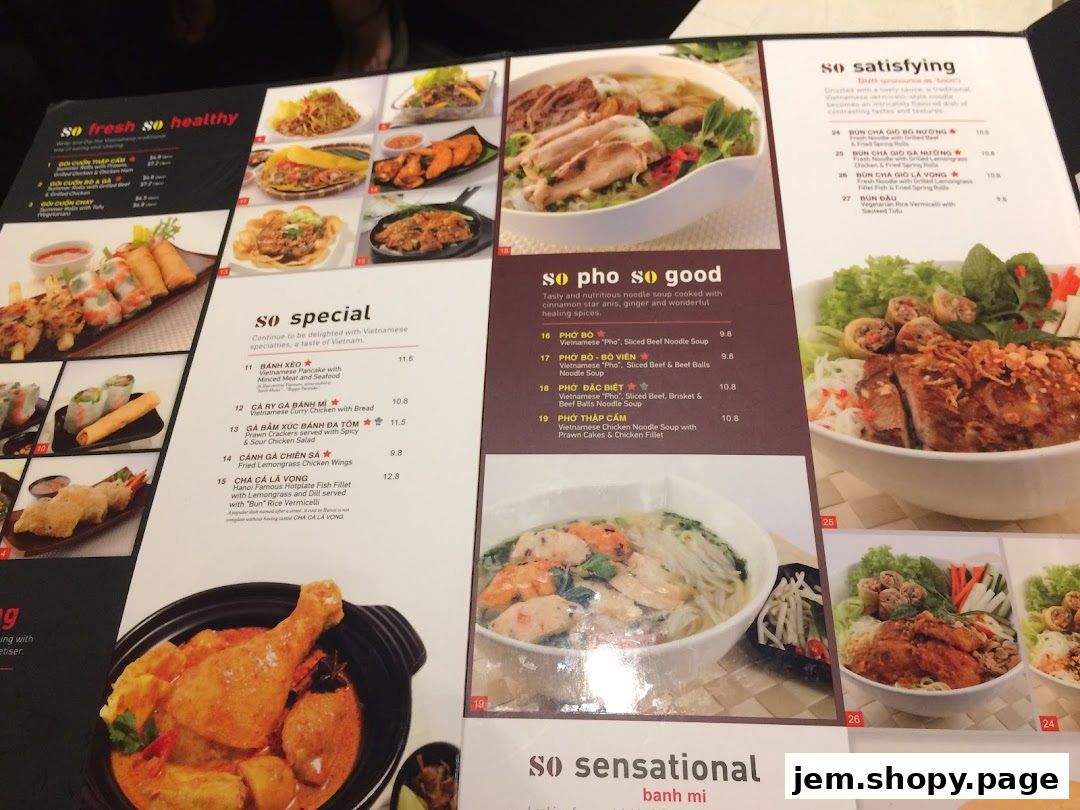 A menu from So Pho JEM featuring Vietnamese dishes like pho, spring rolls, and curry.