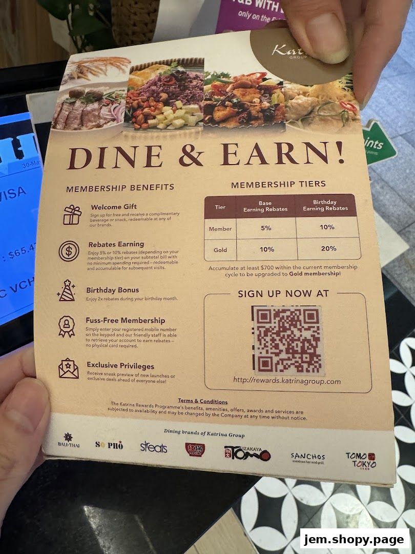 A flyer for Katrina Group's 'Dine & Earn' membership program with food images.