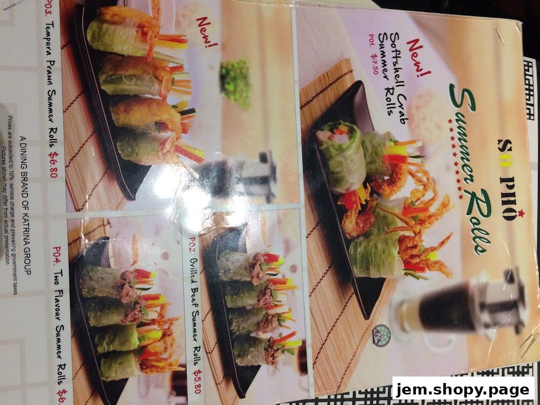 A menu featuring various summer rolls from So Pho, including tempura prawn and softshell crab.