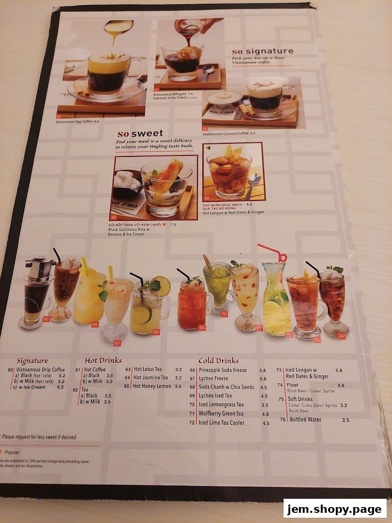 A menu page from So Pho JEM featuring Vietnamese coffees, desserts, hot drinks, and cold drinks.