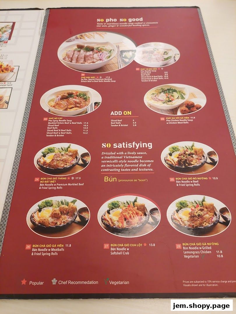 A menu from So Pho JEM featuring Vietnamese noodle dishes like Pho and Bun.