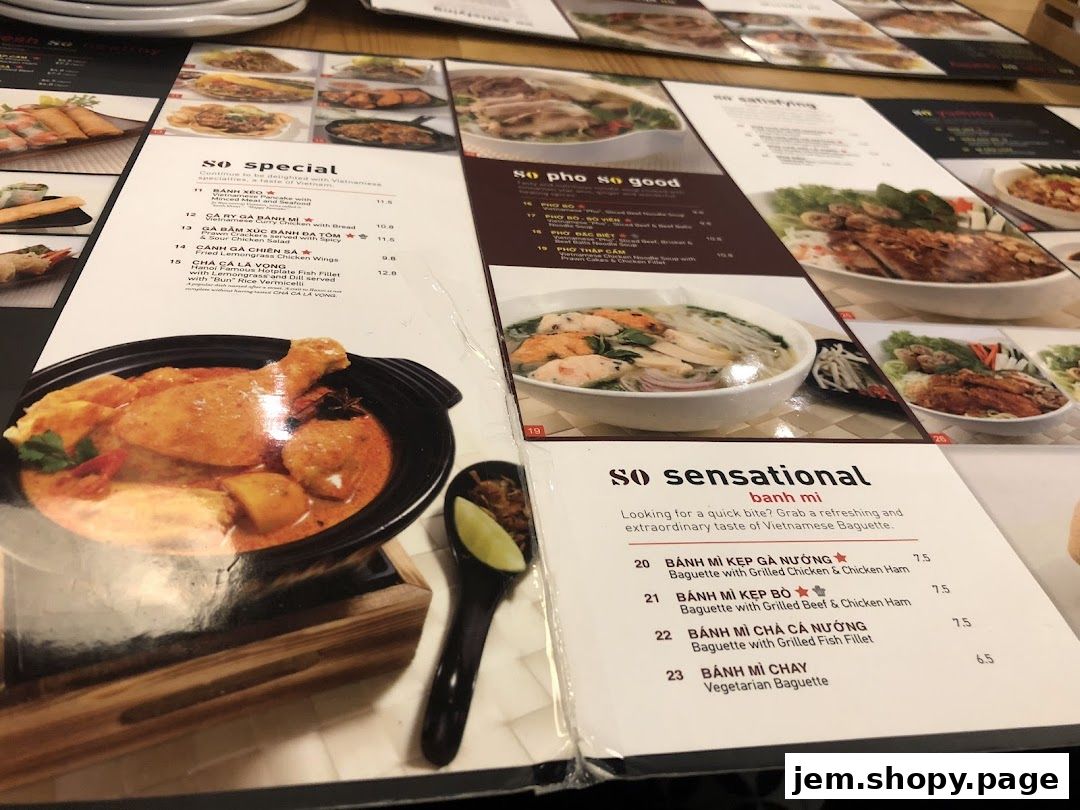 A menu from So Pho JEM featuring Vietnamese dishes like banh mi and pho.