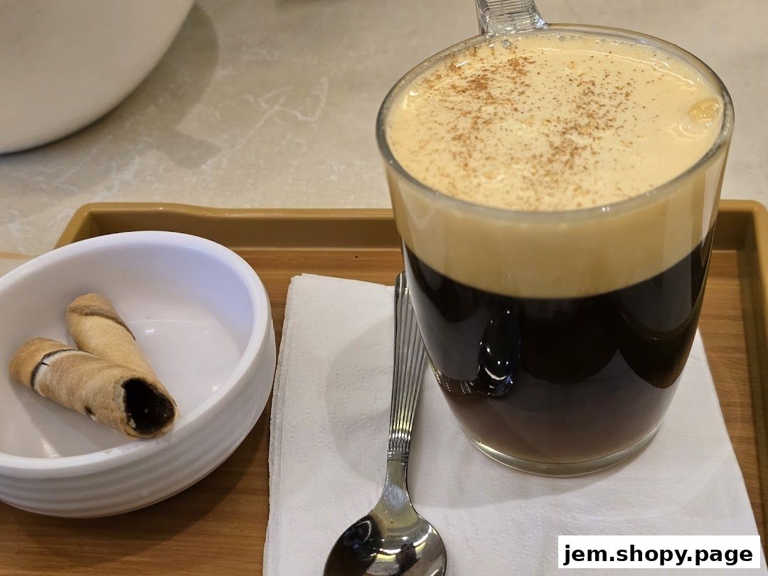 A close-up of a Vietnamese egg coffee with two wafer cookies on a tray.