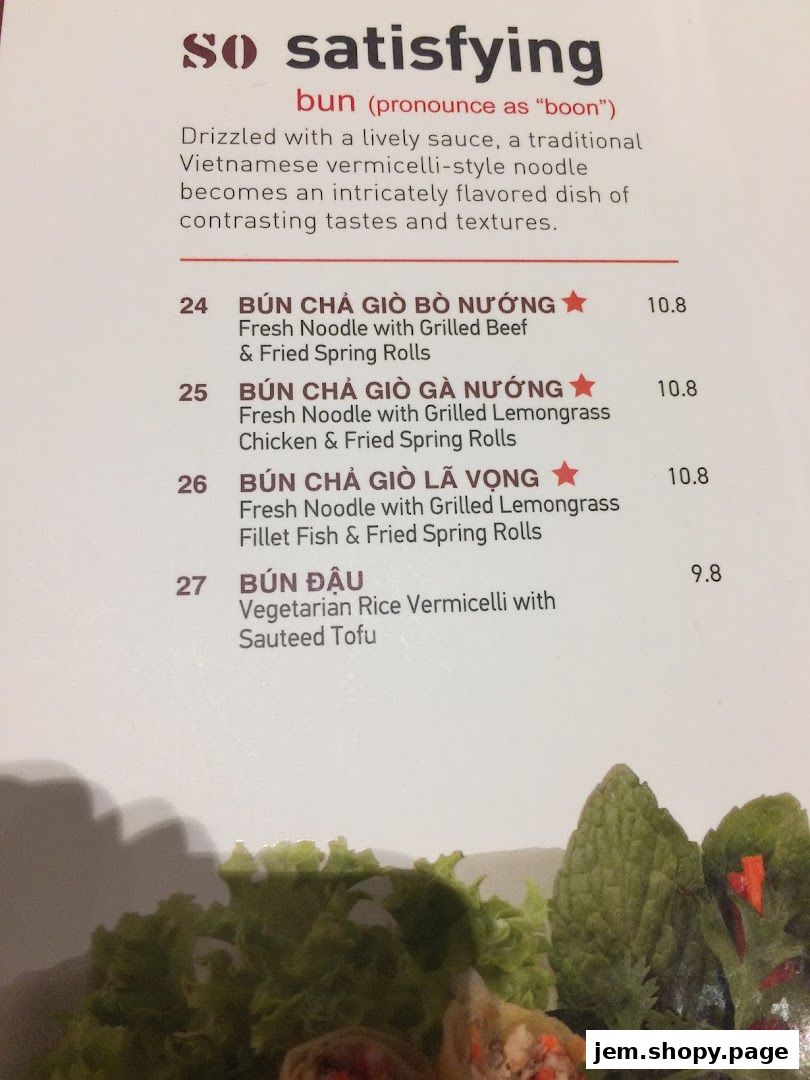 A menu page from So Pho JEM featuring Vietnamese vermicelli noodle dishes.