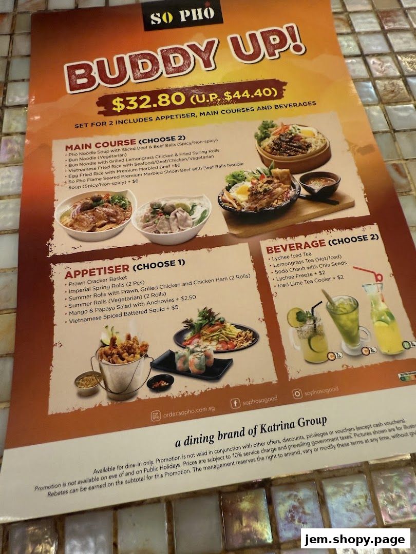A menu for 'So Pho' featuring a 'Buddy Up!' set for two with main courses, appetizers, and beverages.