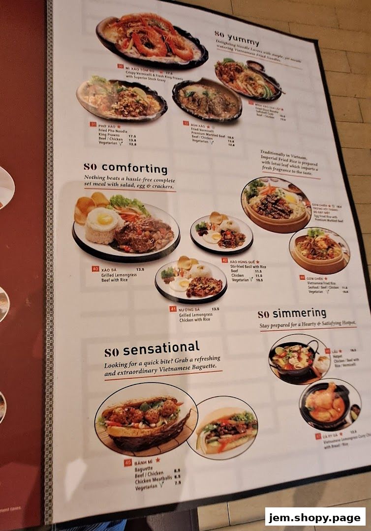 A menu from So Pho JEM featuring Vietnamese dishes like noodles, rice plates, and baguettes.