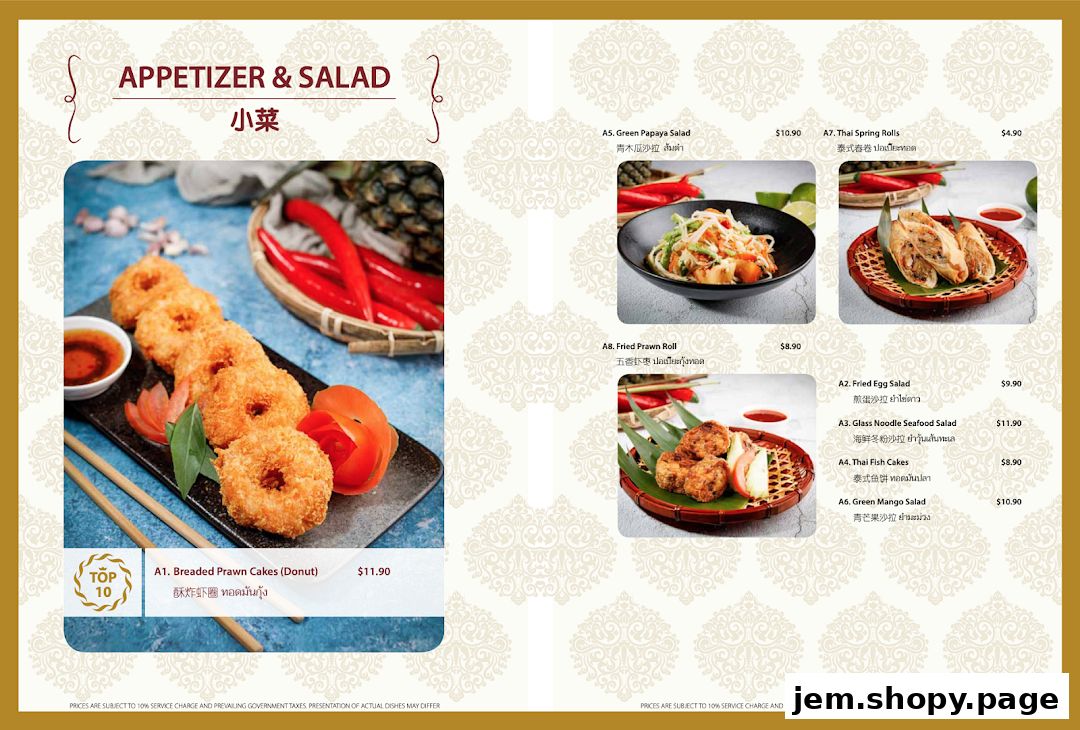A menu page showcasing Thai appetizers and salads with enticing food photography.