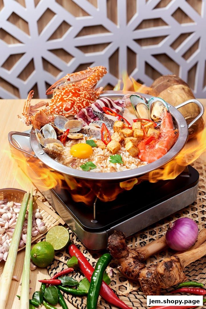 A fiery seafood rice dish with crab, shrimp, mussels, and clams, surrounded by fresh ingredients.
