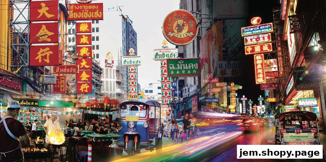 A vibrant collage of a bustling Chinatown street scene with neon signs, food stalls, and tuk-tuks.