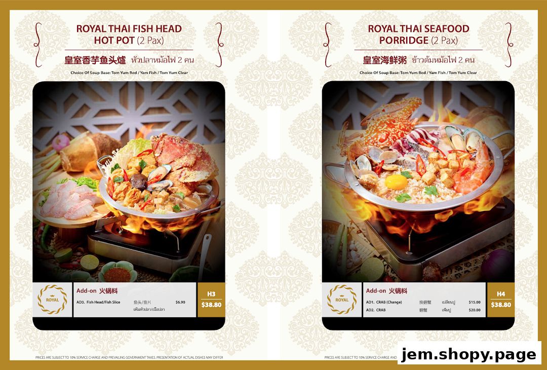 A menu showcasing Royal Thai Fish Head Hot Pot and Seafood Porridge with add-on options.