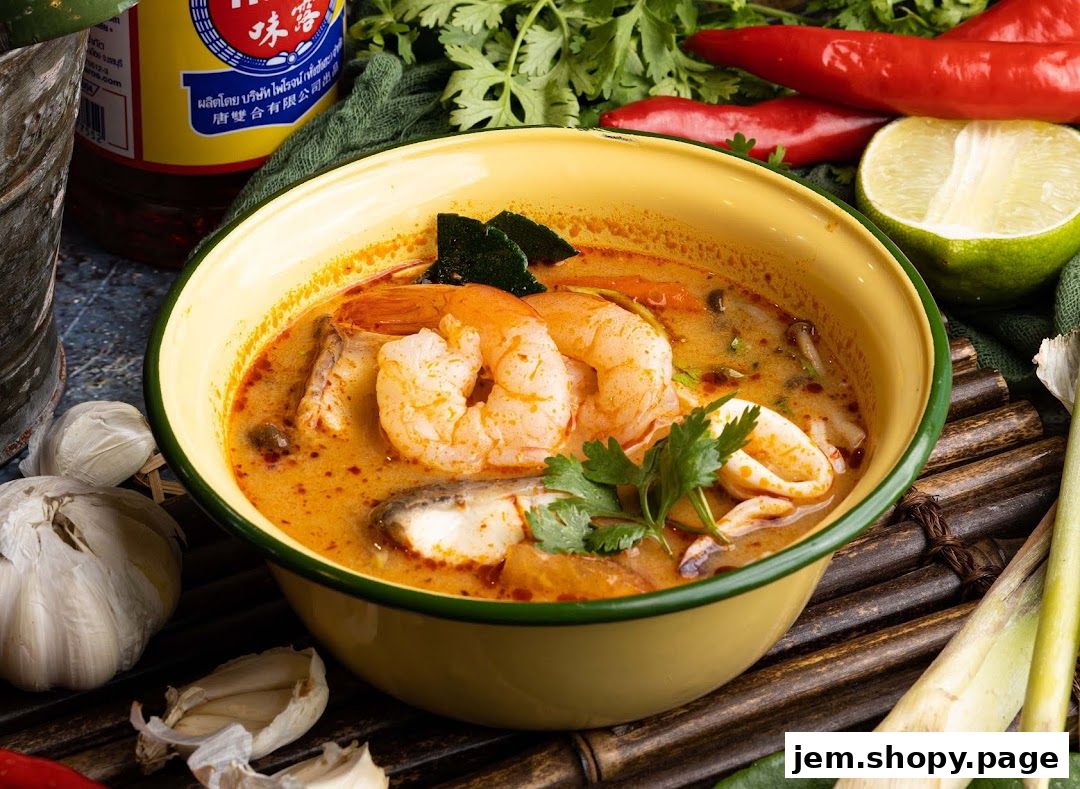 A close-up of a steaming bowl of Tom Yum soup with shrimp and fish.