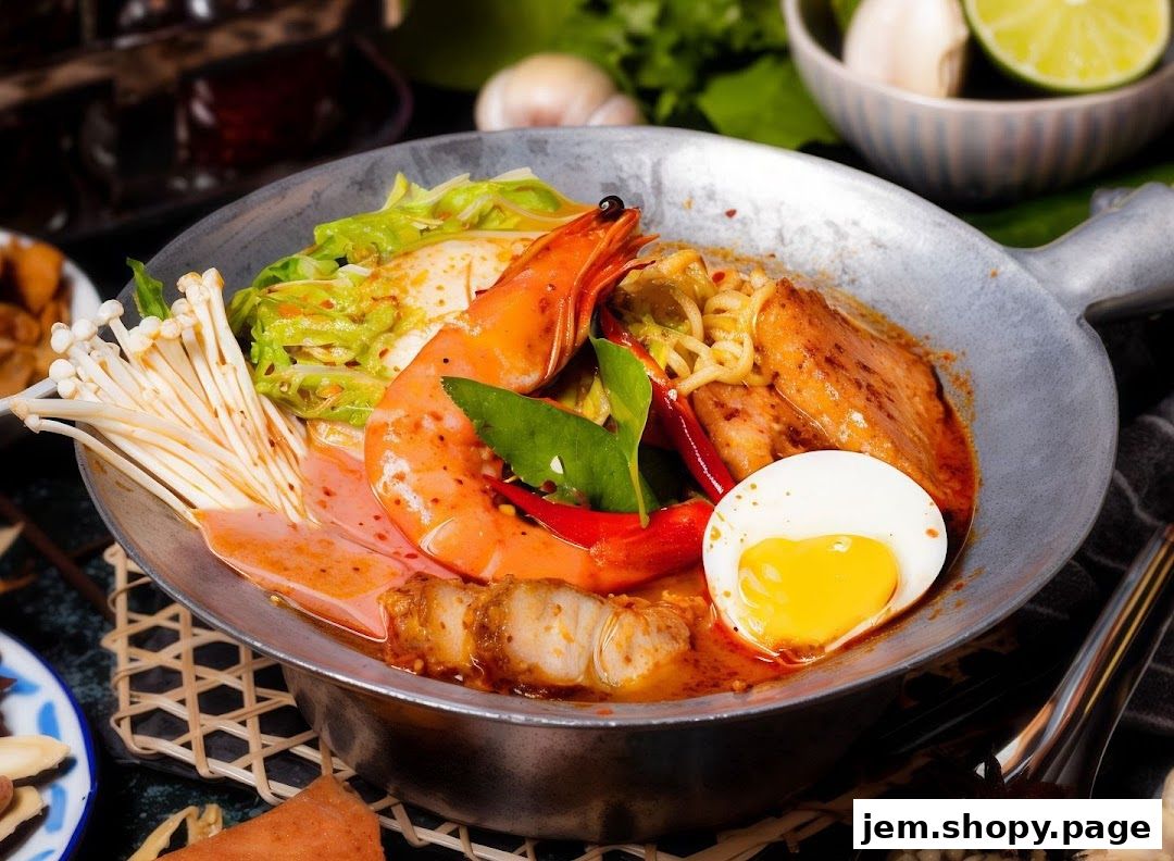A close-up of a delicious Thai noodle soup with shrimp, egg, and vegetables.