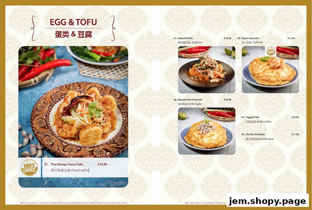 A menu page showcasing various egg and tofu dishes with images and prices.