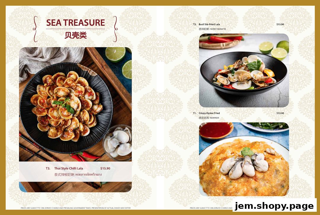 A menu page showcasing Thai seafood dishes like lala and oyster fried.