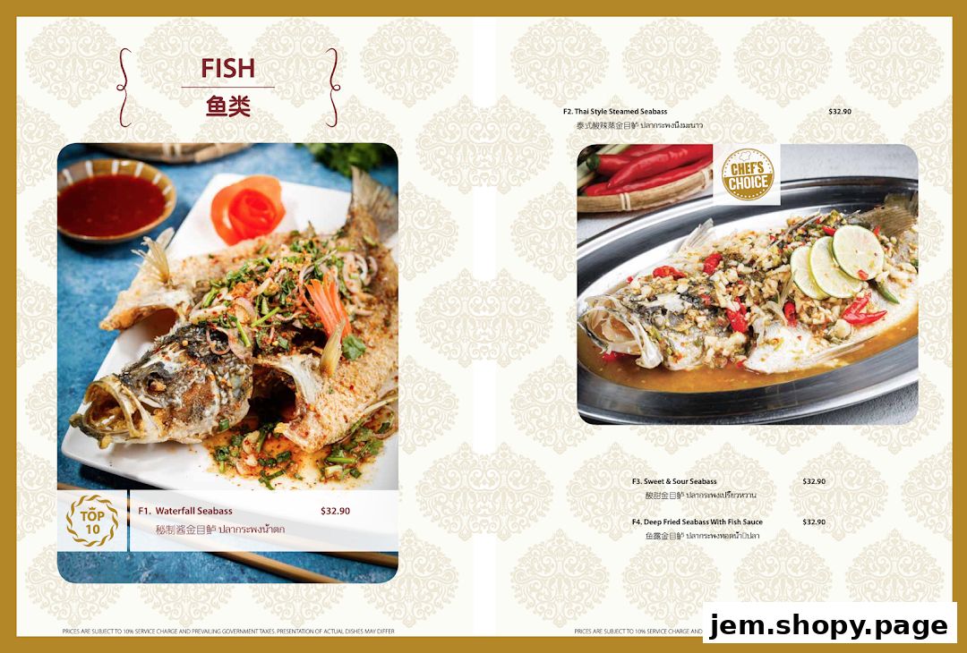 A menu page showcasing various seabass dishes with appetizing images and prices.
