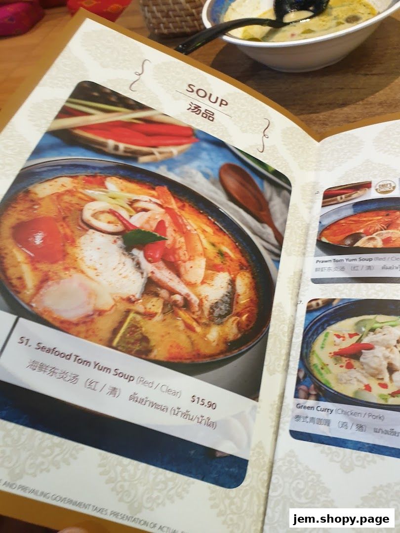 A menu page from Soi Thai Soi Nice JEM featuring soup dishes like Seafood Tom Yum.