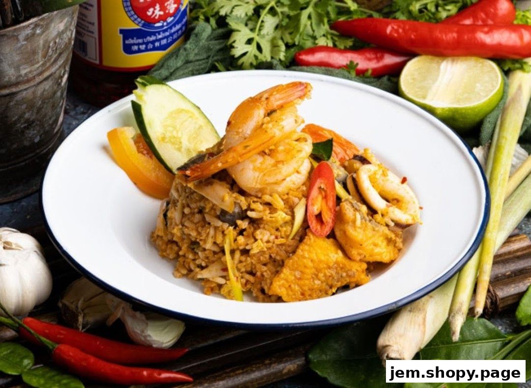 A plate of Thai fried rice with seafood, garnished with chili and cucumber.