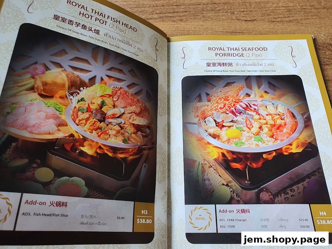 A menu page showcasing Royal Thai Fish Head Hot Pot and Royal Thai Seafood Porridge with add-on options.