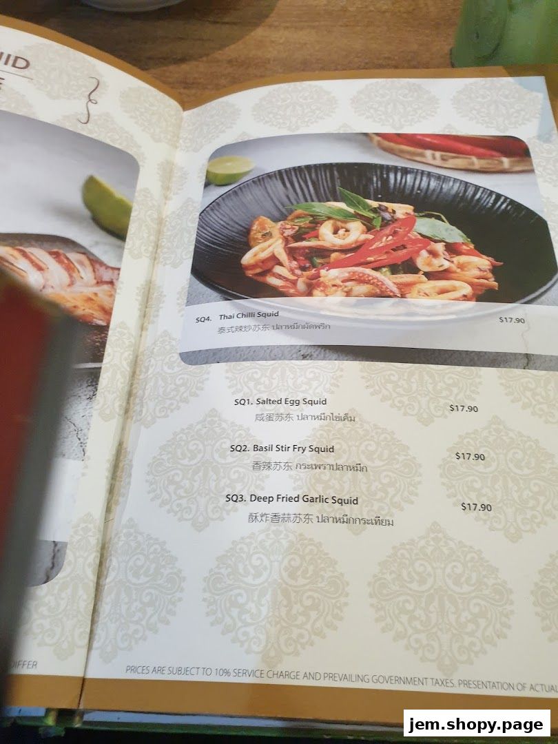 A menu page from Soi Thai Soi Nice JEM featuring various squid dishes with prices.