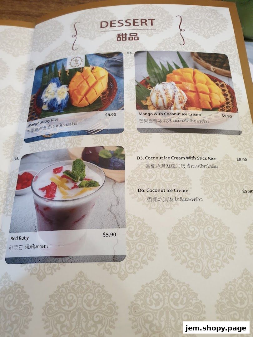 A menu page showcasing Thai desserts with images and prices.