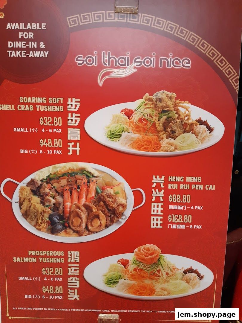 A menu board for Soi Thai Soi Nice featuring Yusheng and Pen Cai dishes.